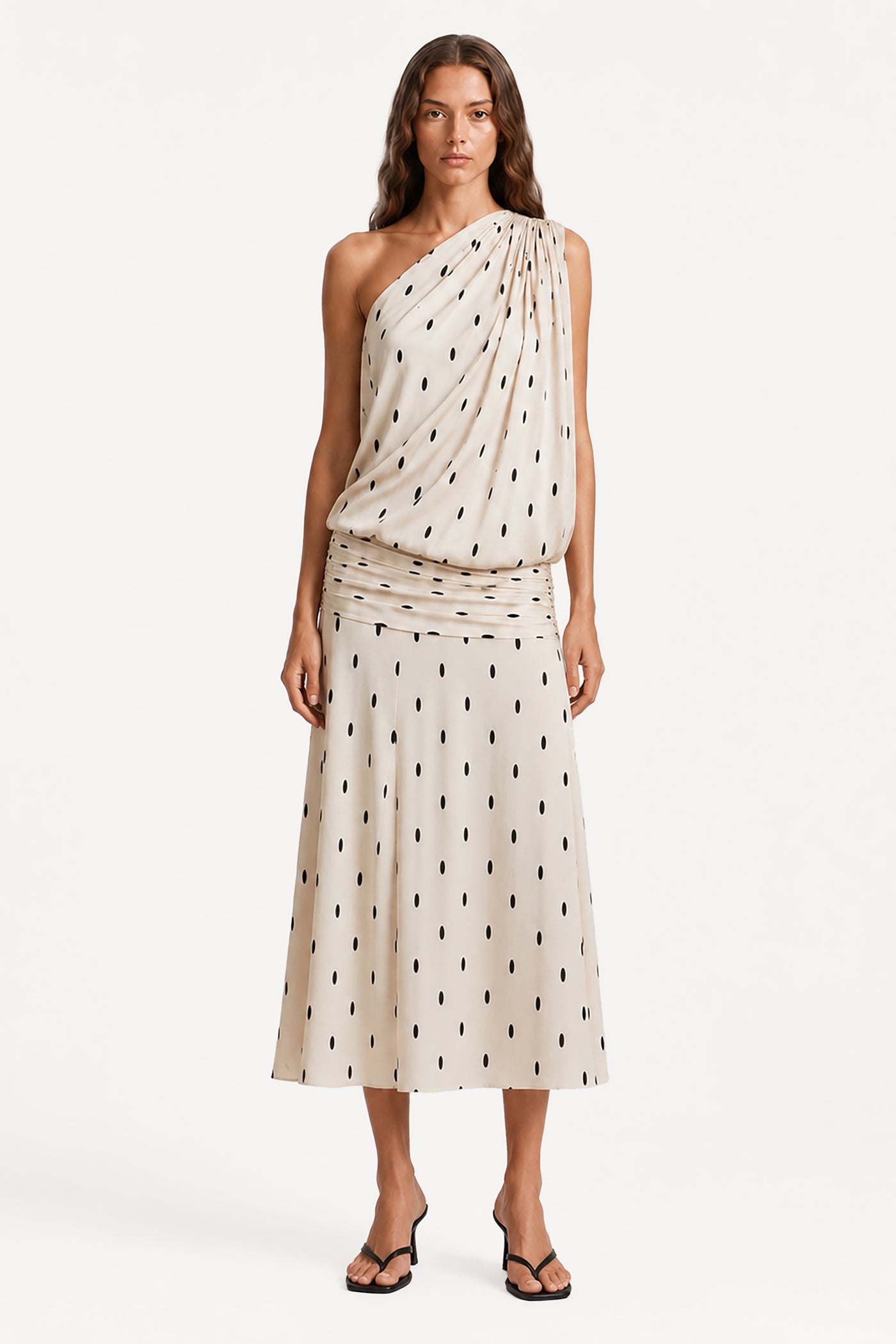 SOLENE ONE-SHOULDER DRAPE MIDI DRESS