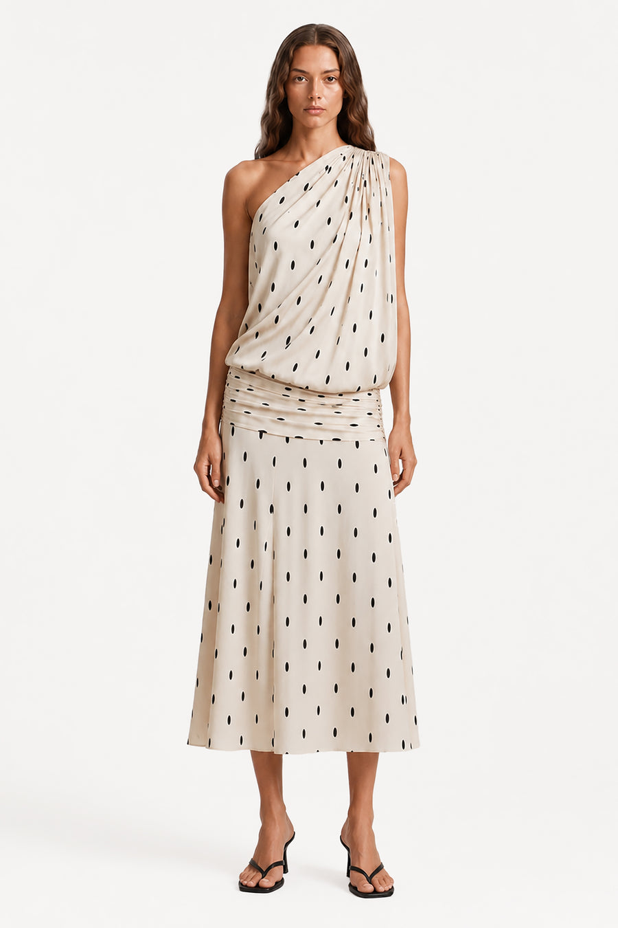 SOLENE ONE-SHOULDER DRAPE MIDI DRESS
