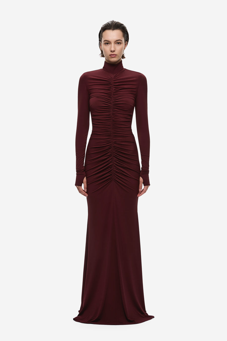 THE GATHERED LONG SLEEVE MAXI DRESS