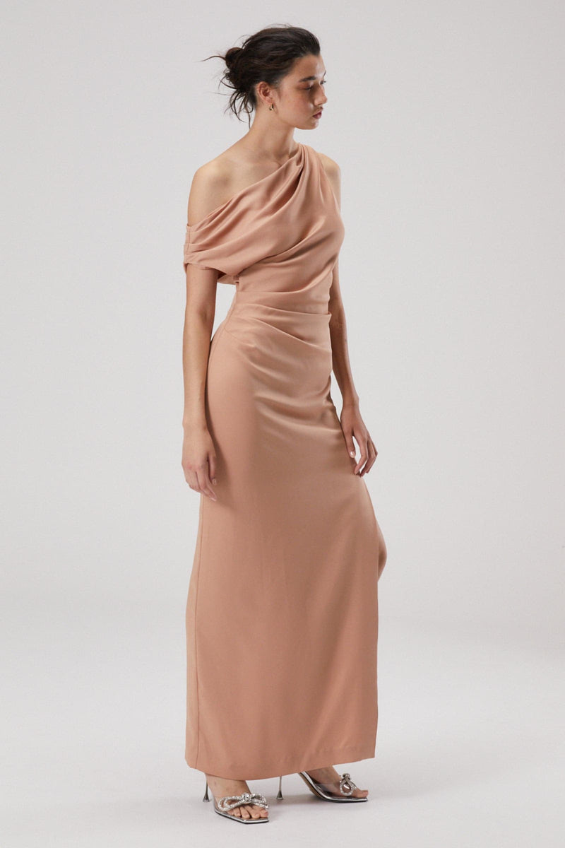 ASTER DRAPE SHOULDER SATIN MAXI DRESS