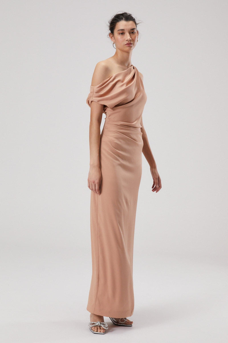 ASTER DRAPE SHOULDER SATIN MAXI DRESS
