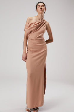 ASTER DRAPE SHOULDER SATIN MAXI DRESS