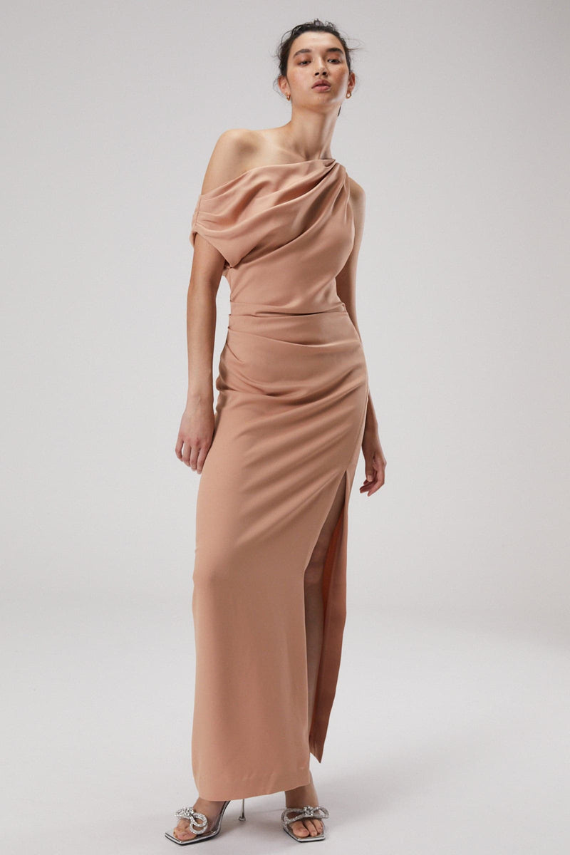 ASTER DRAPE SHOULDER SATIN MAXI DRESS