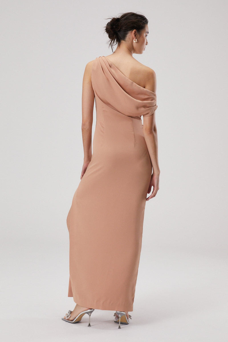 ASTER DRAPE SHOULDER SATIN MAXI DRESS