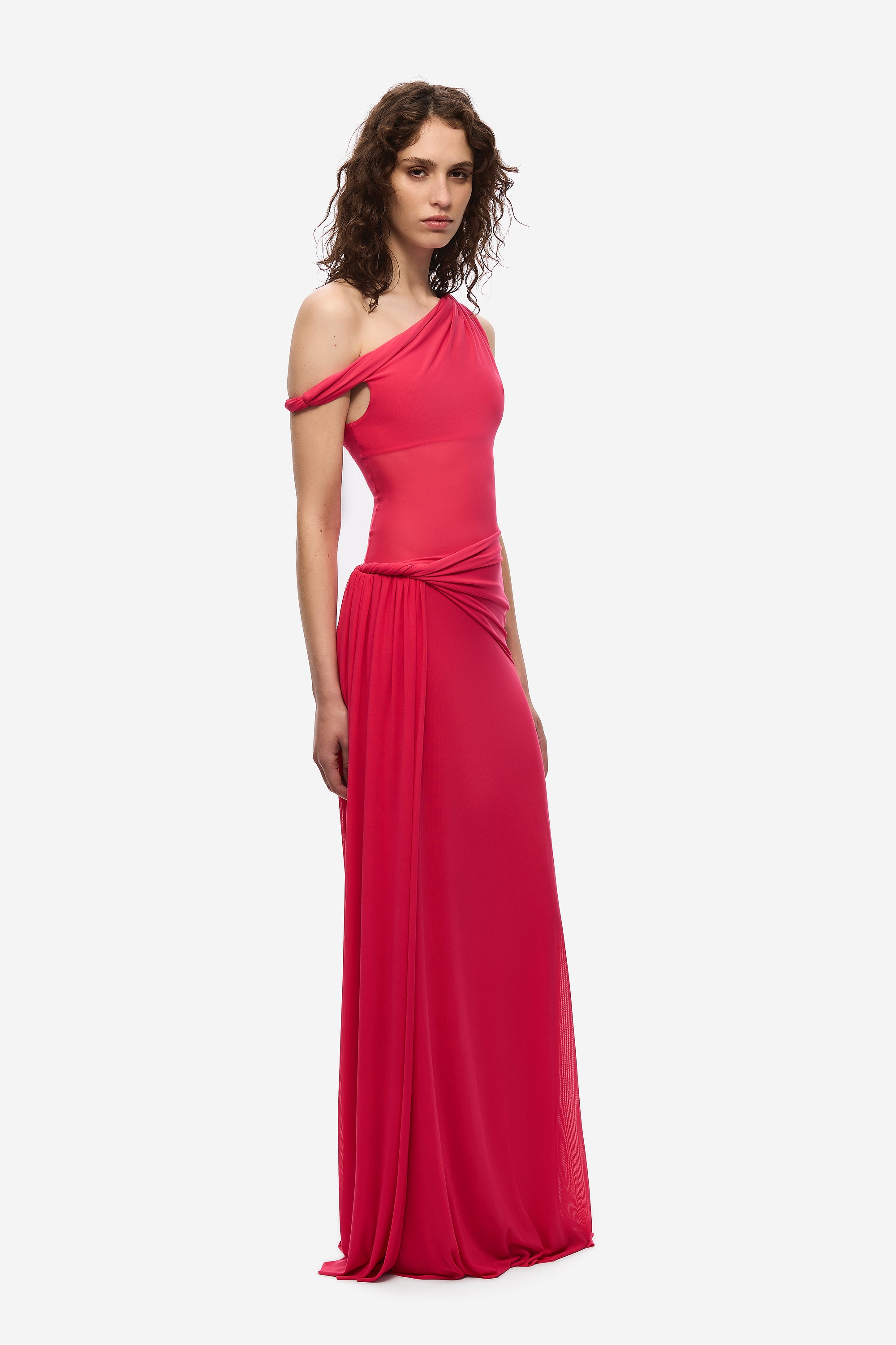 misha sisal one shoulder twist mesh maxi dress MISHA The Sisal Mesh Dress in Fuchsia