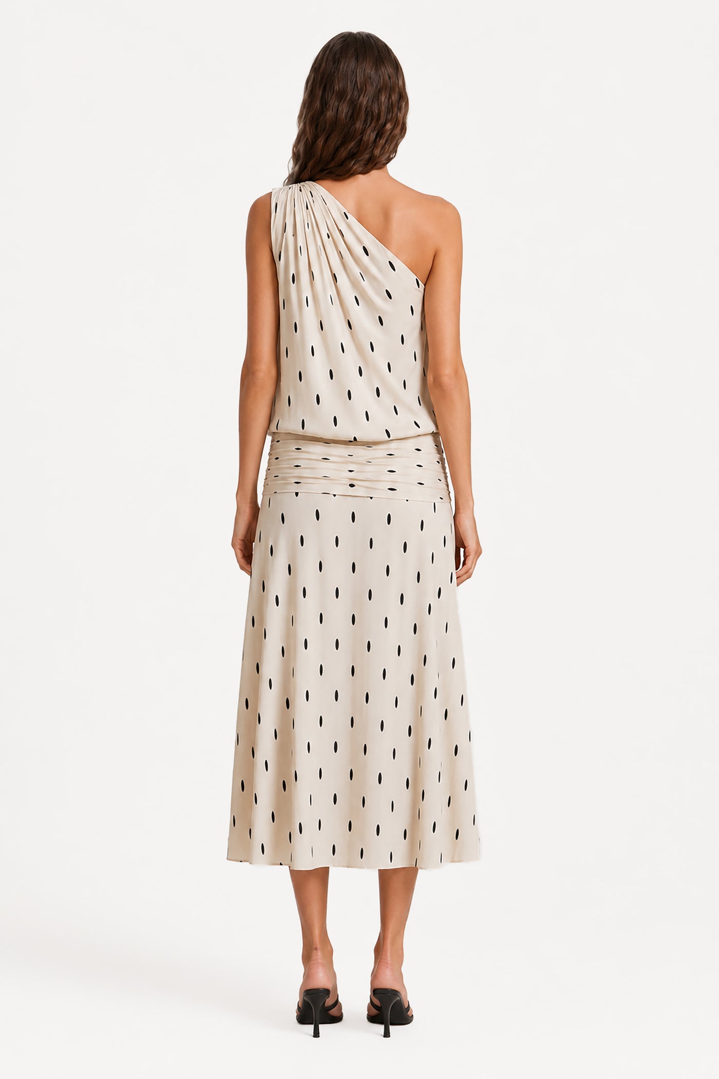 SOLENE ONE-SHOULDER DRAPE MIDI DRESS