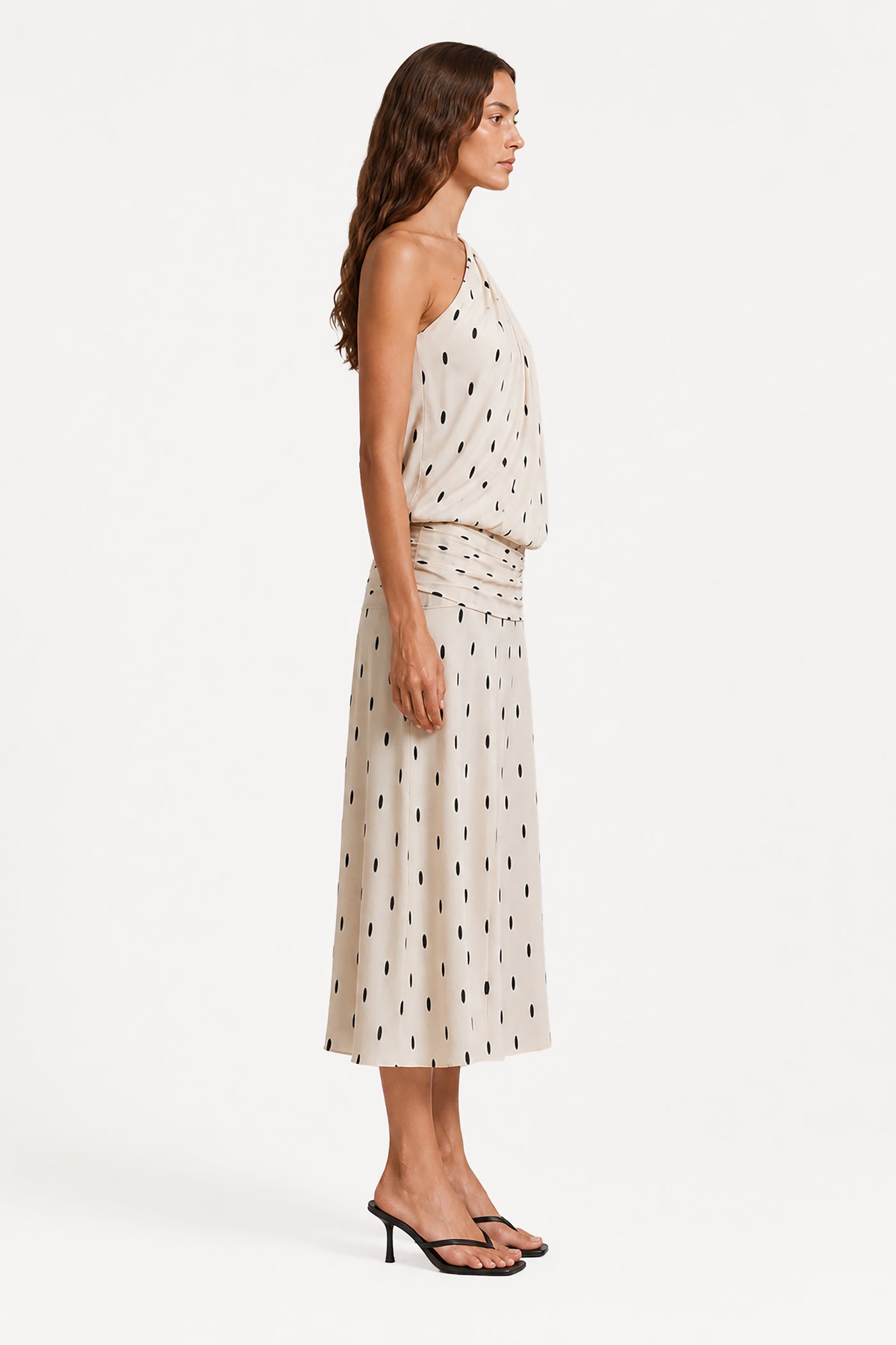 SOLENE ONE-SHOULDER DRAPE MIDI DRESS