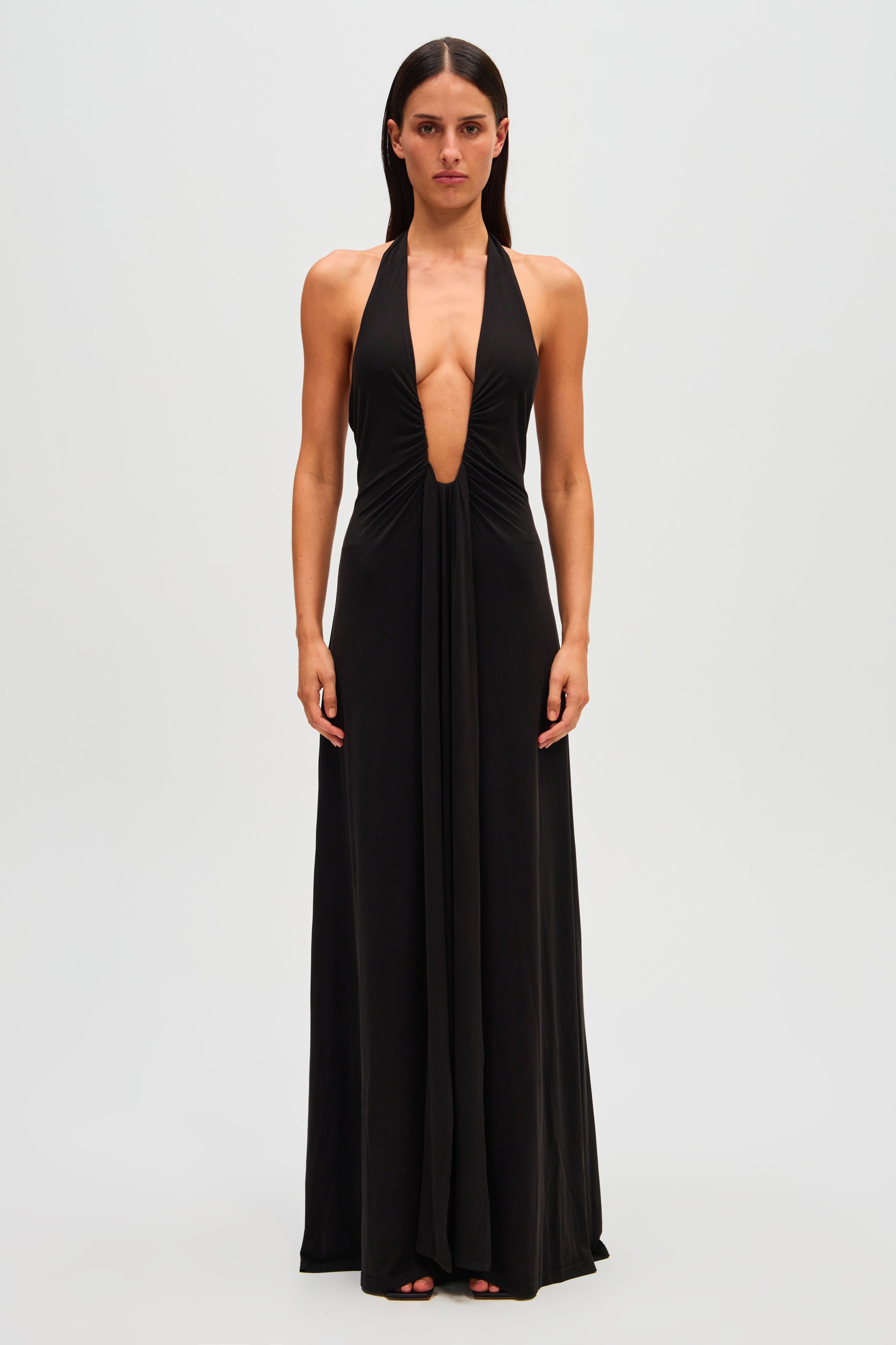 Long black low cut dress sale