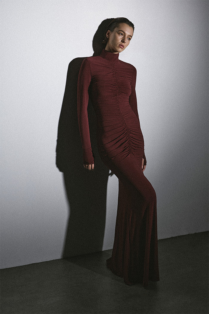 THE GATHERED LONG SLEEVE MAXI DRESS