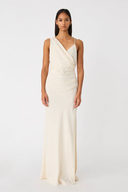 ROSETTE BELTED SATIN MAXI DRESS
