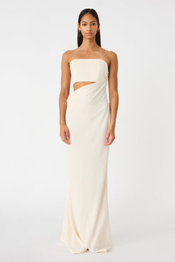 BLOSSOM DRAPE WAIST STRAPLESS SATIN MAXI DRESS
