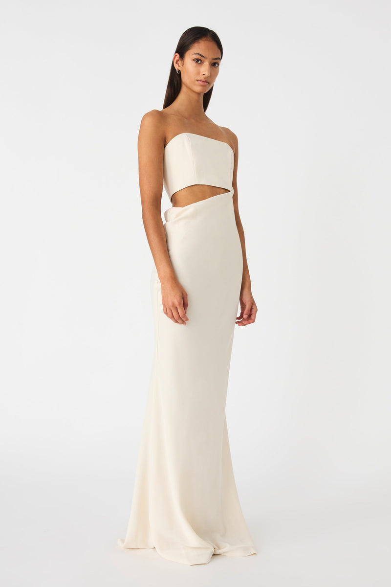 BLOSSOM DRAPE WAIST STRAPLESS SATIN MAXI DRESS MISHA