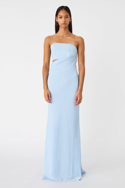 BLOSSOM DRAPE WAIST STRAPLESS SATIN MAXI DRESS