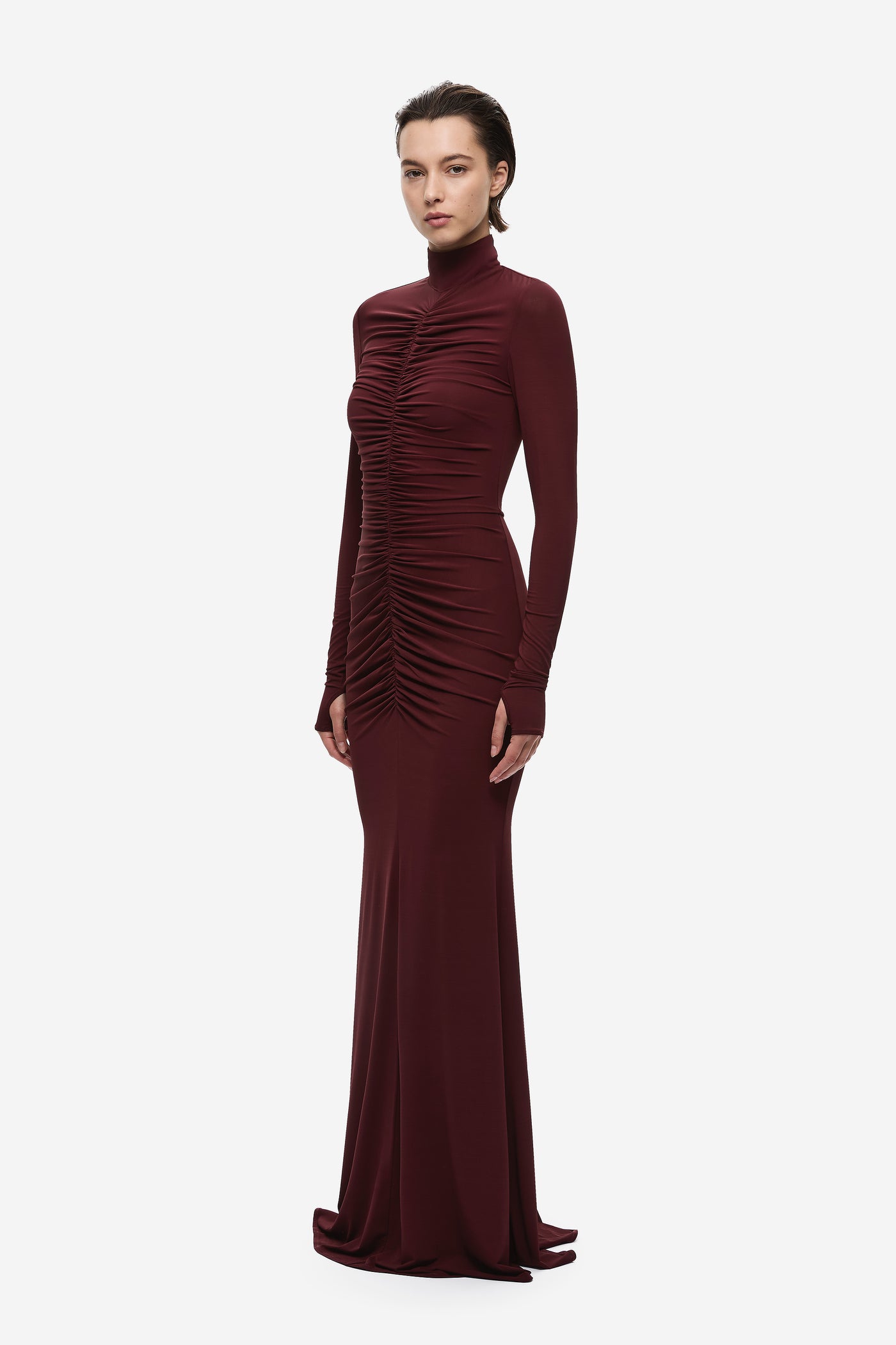 THE GATHERED LONG SLEEVE MAXI DRESS