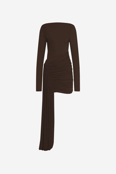long sleeve dress with stockings MISHA The Sari Stocking Mini Dress in Chocolate