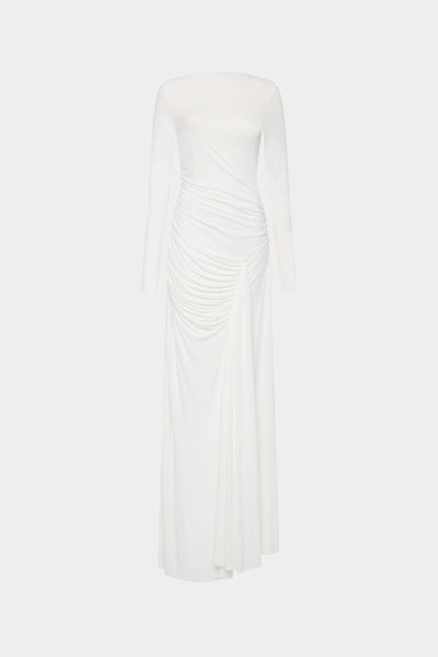misha glacier long-sleeve ruched maxi dress Misha Collection Glacier Long-Sleeve Ruched Maxi Dress In Ivory - 30% Off