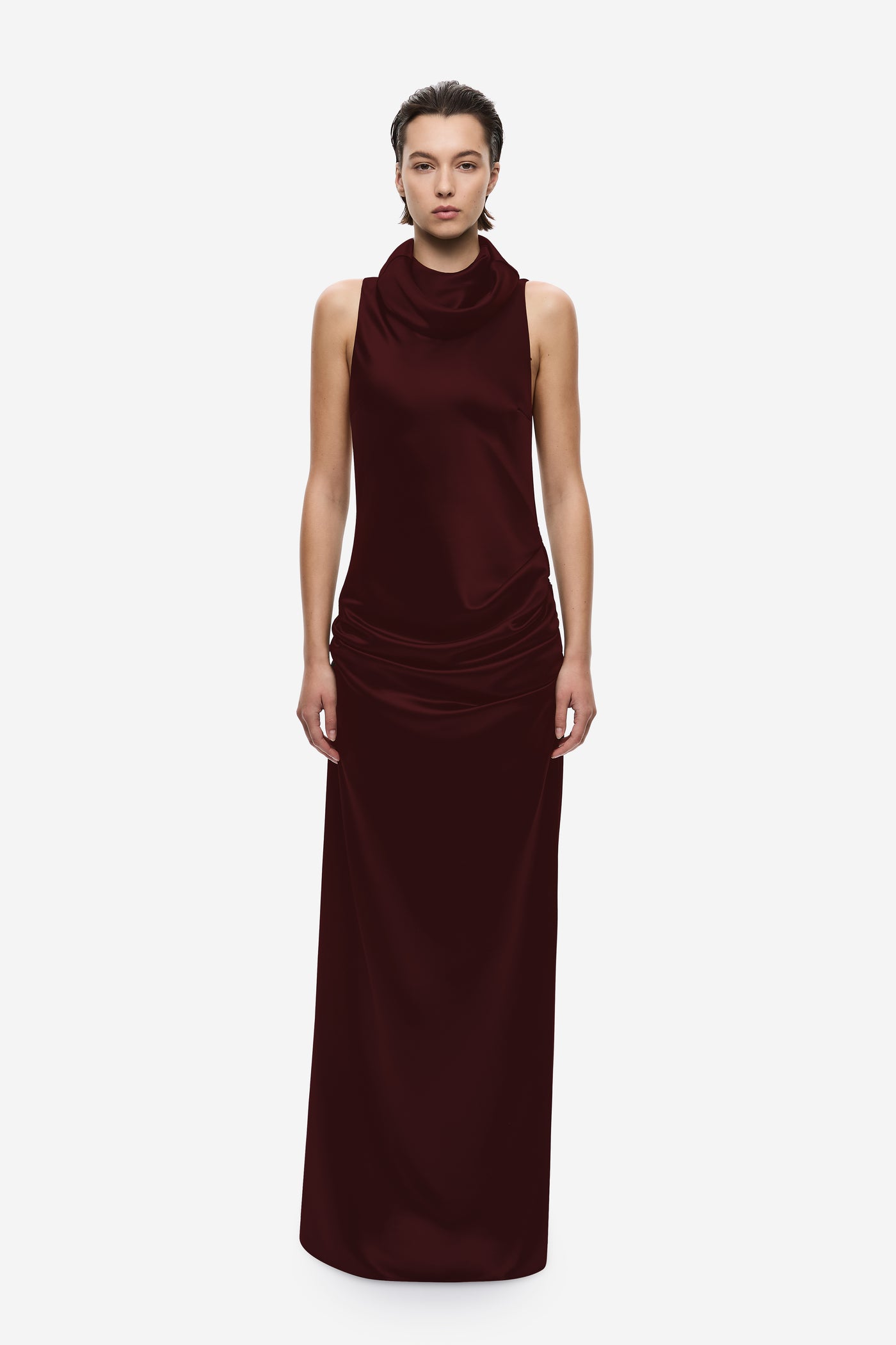 THE DRAPED COLLAR SATIN MAXI DRESS